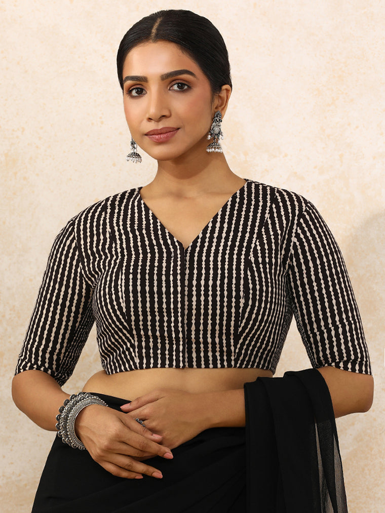 Charvi x Rozaana Saree Blouse, in Black 100% Cotton - Block Printed, featuring elbow sleeves and v-neckline.