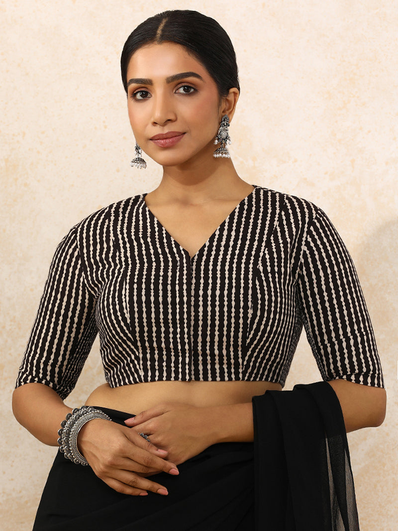 Charvi x Rozaana | Elbow Sleeves Saree Blouse in Earthy Black Stripes Block Print Cotton-Binks