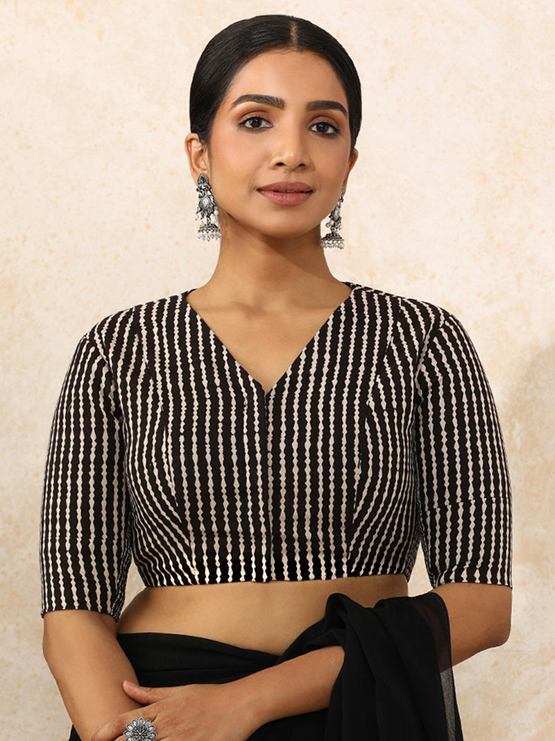 Charvi x Rozaana | Elbow Sleeves Saree Blouse in Earthy Black Stripes Block Print Cotton-Binks