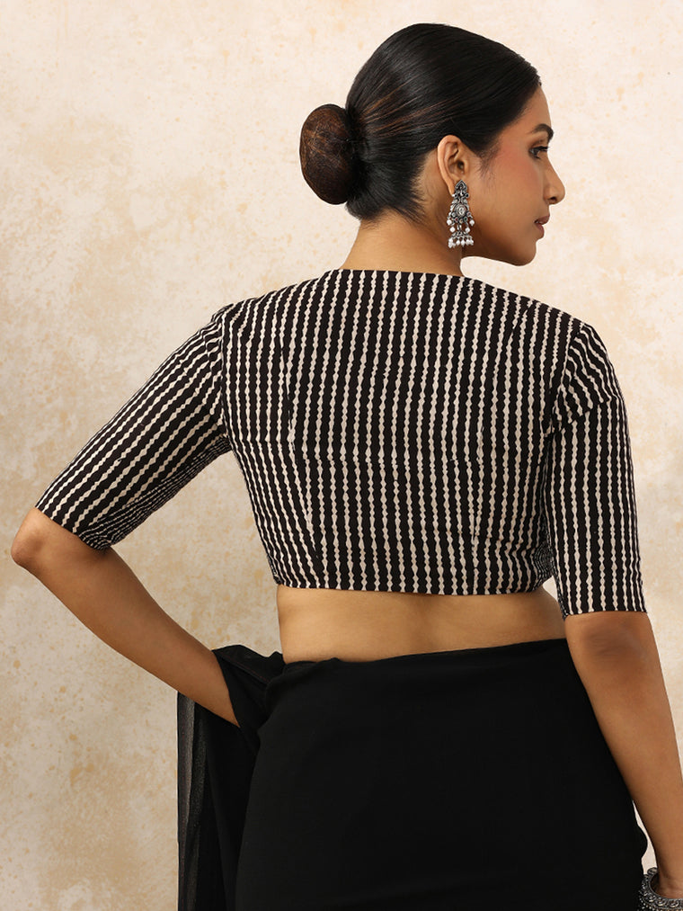 Charvi x Rozaana Saree Blouse, in Black 100% Cotton - Block Printed, featuring elbow sleeves and v-neckline (view 2).