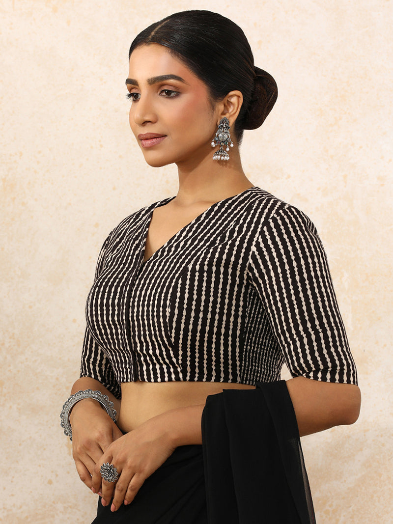 Charvi x Rozaana | Elbow Sleeves Saree Blouse in Earthy Black Stripes Block Print Cotton-Binks