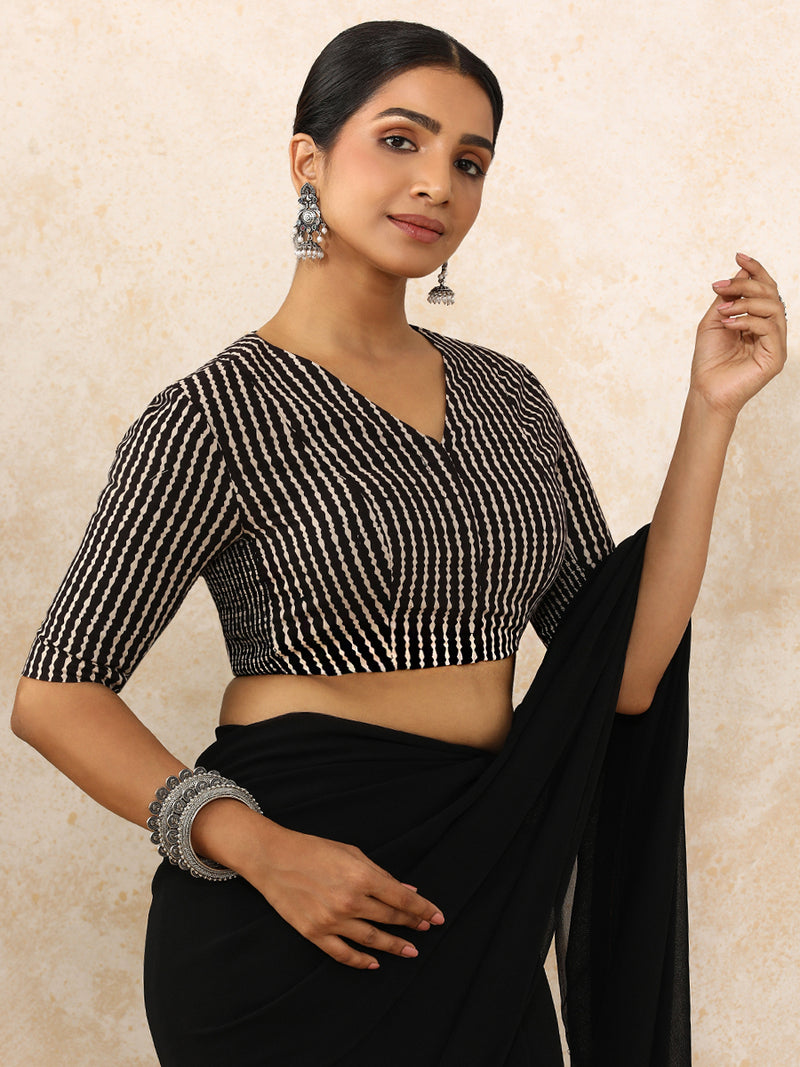 Charvi x Rozaana | Elbow Sleeves Saree Blouse in Earthy Black Stripes Block Print Cotton-Binks