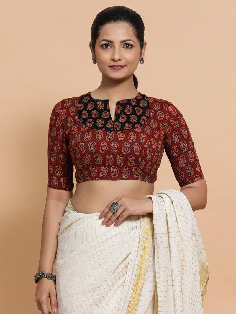 Chavi x Rozaana | Elbow Sleeves Cotton Saree Blouse in Red Mango Block Print Fabric-Binks