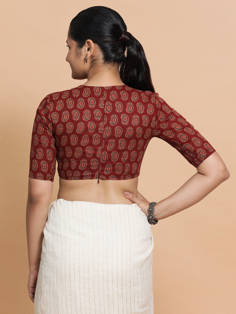 Chavi x Rozaana Saree Blouse, in Red Cotton, featuring elbow sleeves and jewel neckline, made for daily & work (view 2).