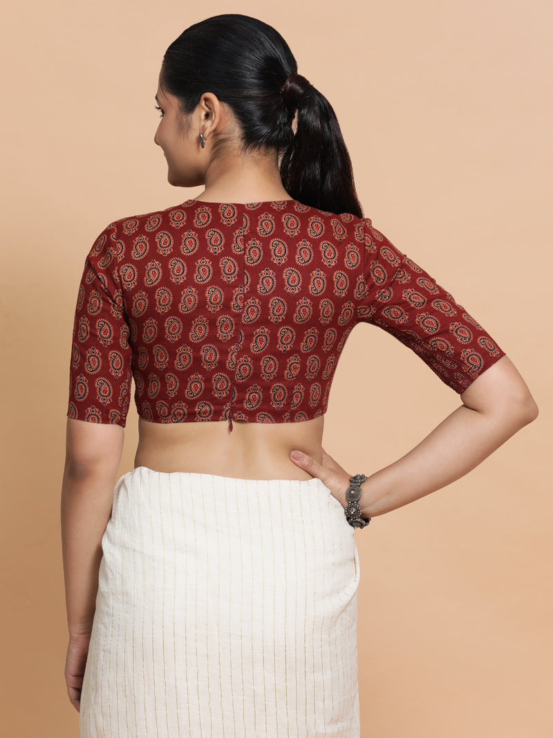 Chavi x Rozaana | Elbow Sleeves Cotton Saree Blouse in Red Mango Block Print Fabric-Binks