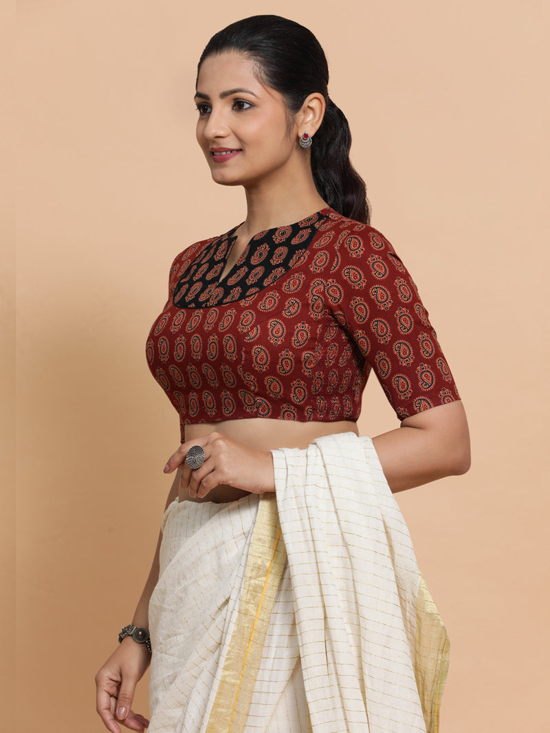 Chavi x Rozaana | Elbow Sleeves Cotton Saree Blouse in Red Mango Block Print Fabric-Binks