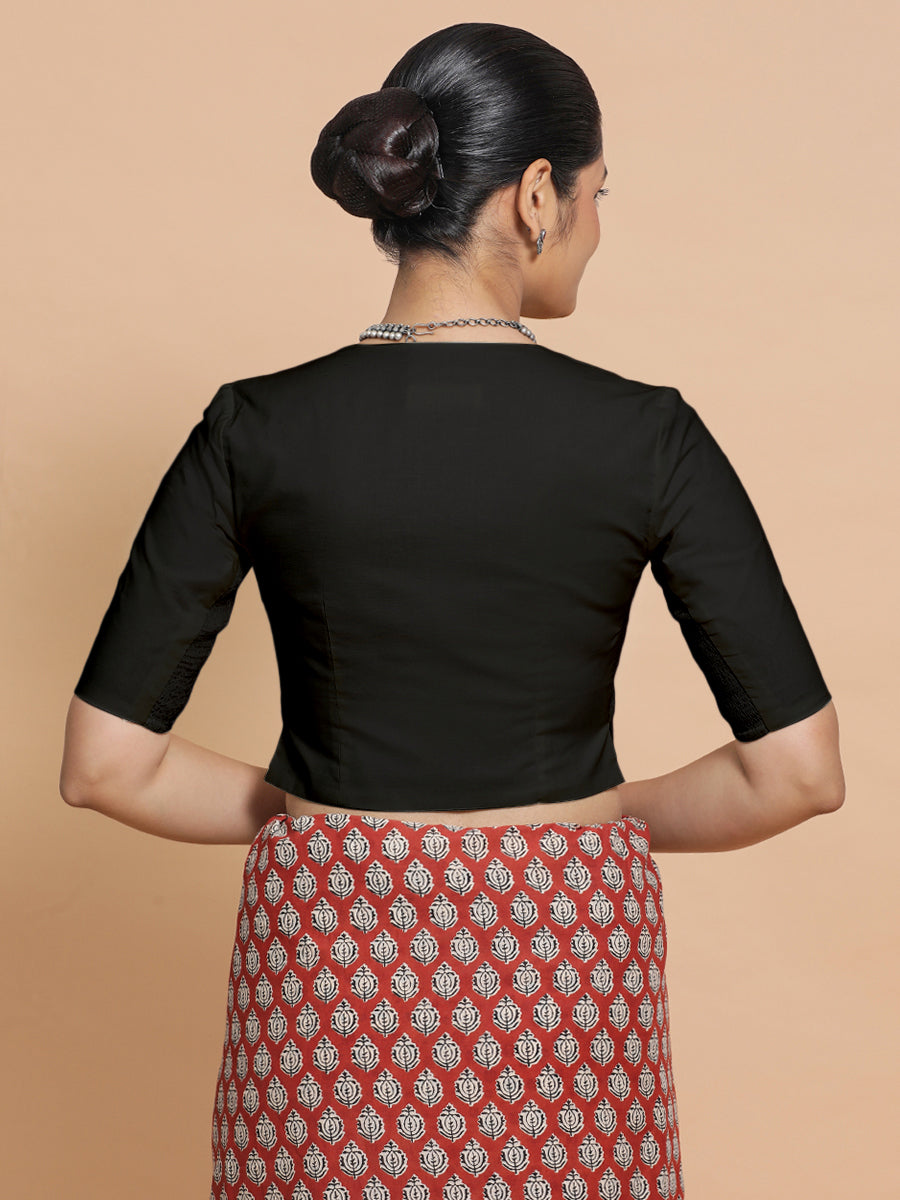 Chaya x Rozaana Saree Blouse, in Black Cotton, featuring elbow sleeves and v-neckline, made for daily & work (view 2).