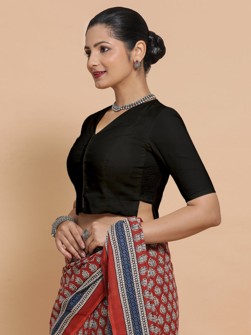 Chaya x Rozaana | V-Neck Black Plain Cotton Saree Blouse-Binks