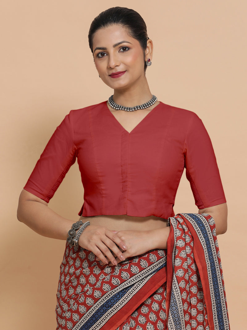 Chaya x Rozaana | Elbow Sleeves Saree Blouse in Carmine Red Plain Cotton-Binks