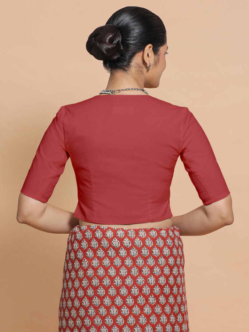 Chaya x Rozaana | Elbow Sleeves Saree Blouse in Carmine Red Plain Cotton-Binks