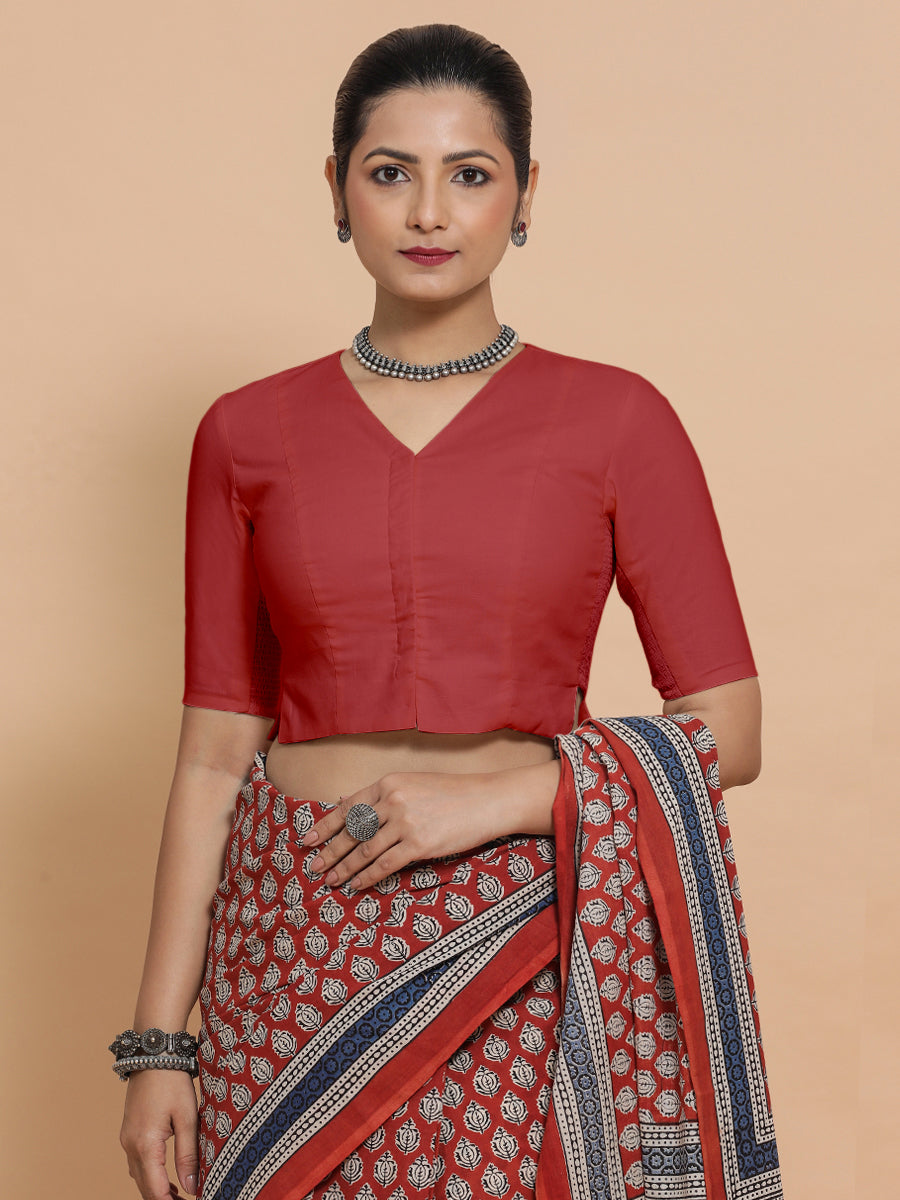 Chaya x Rozaana Saree Blouse, in Red 100% Cotton - Solid, featuring elbow sleeves and v-neckline, made for daily & work.