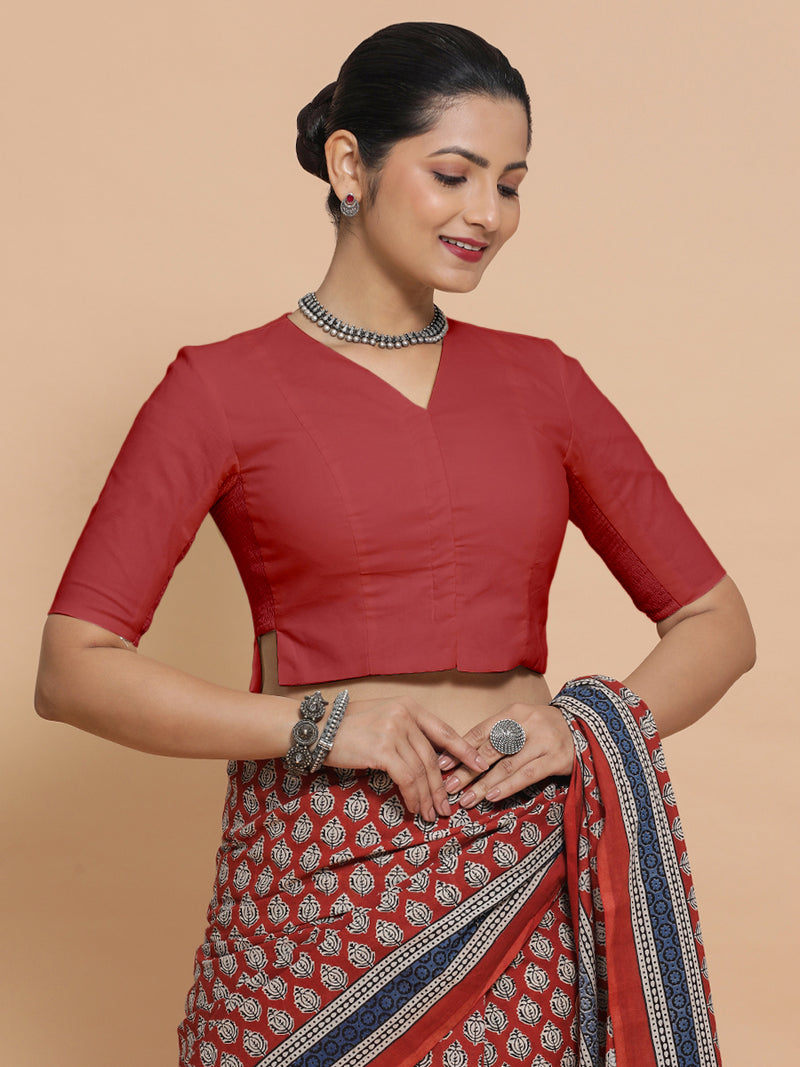 Chaya x Rozaana | Elbow Sleeves Saree Blouse in Carmine Red Plain Cotton-Binks