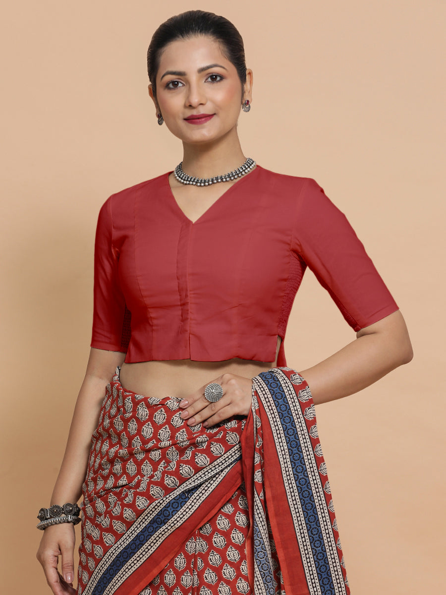 Chaya x Rozaana Saree Blouse, in Red 100% Cotton - Solid, featuring elbow sleeves and v-neckline, made for daily & work.