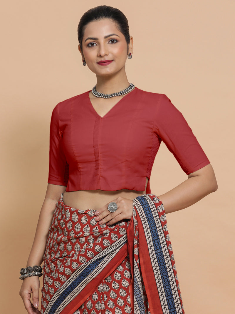 Chaya x Rozaana | Elbow Sleeves Saree Blouse in Carmine Red Plain Cotton-Binks