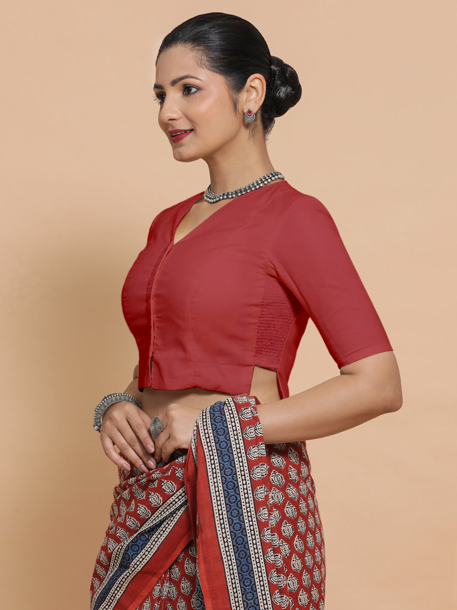 Chaya x Rozaana Saree Blouse, in Red 100% Cotton - Solid, featuring elbow sleeves and v-neckline, made for daily & work.