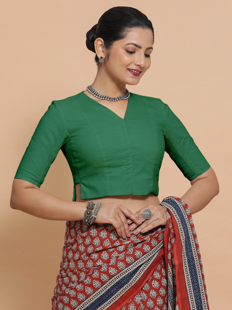 Chaya x Rozaana Saree Blouse, in Green 100% Cotton - Solid, featuring elbow sleeves and v-neckline, made for daily & work.