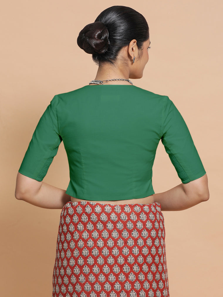 Chaya x Rozaana Saree Blouse, in Green 100% Cotton - Solid, featuring elbow sleeves and v-neckline, made for daily & work.