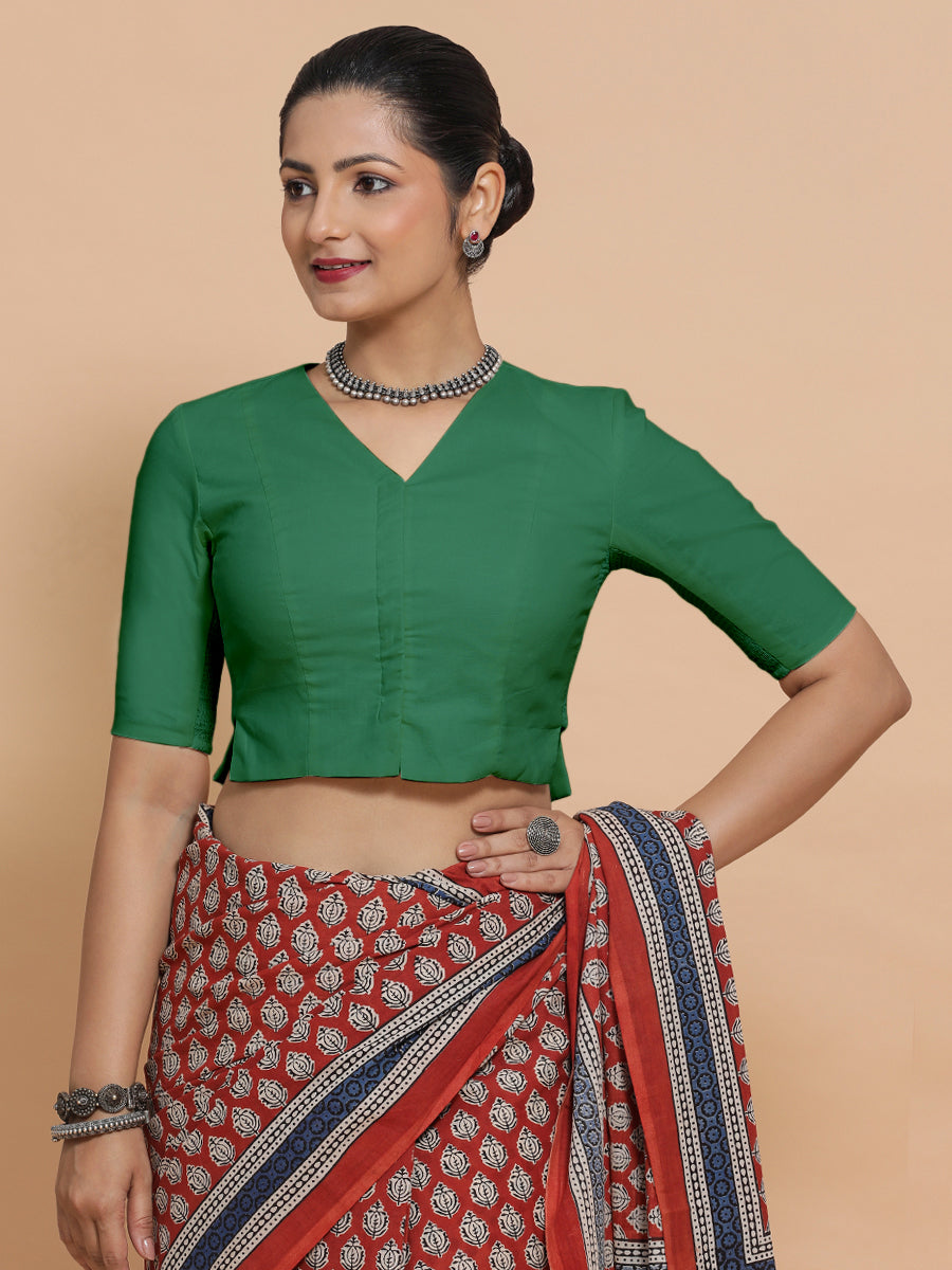 Chaya x Rozaana Saree Blouse, in Green 100% Cotton - Solid, featuring elbow sleeves and v-neckline, made for daily & work.