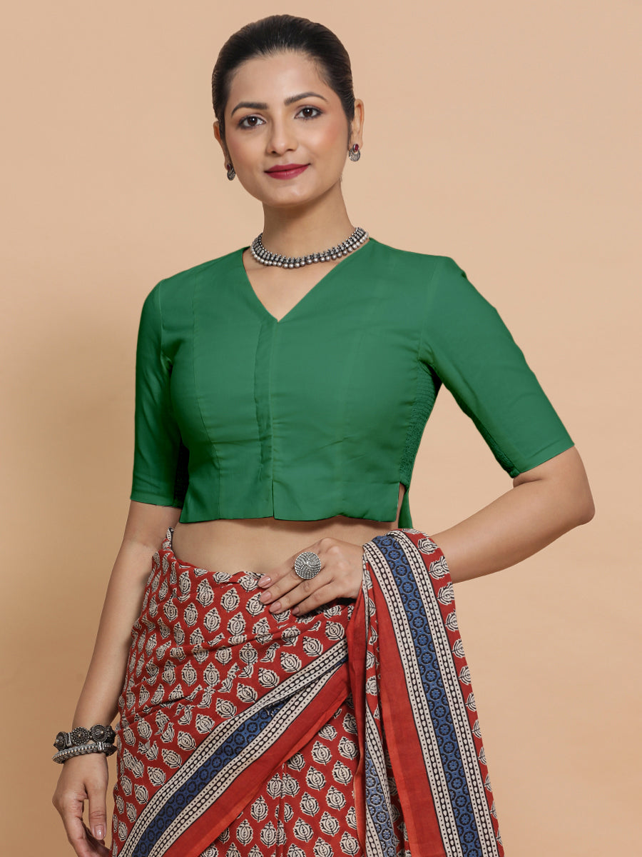 Chaya x Rozaana Saree Blouse, in Green 100% Cotton - Solid, featuring elbow sleeves and v-neckline, made for daily & work.