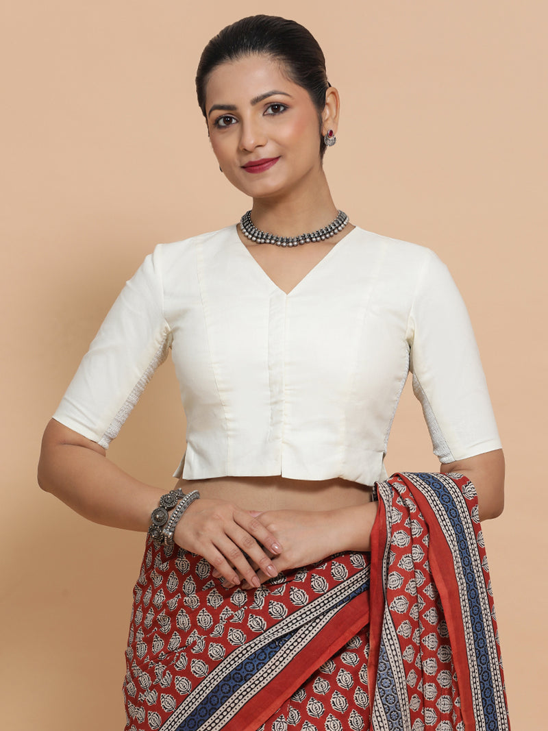 Chaya x Rozaana | V-Neck Ivory Mist Plain Cotton Saree Blouse-Binks