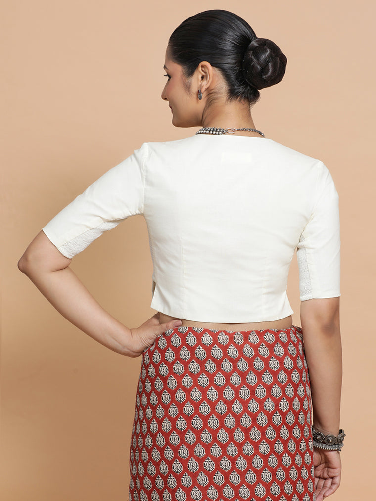 Chaya x Rozaana Saree Blouse, in White Cotton, featuring elbow sleeves and v-neckline, made for daily & work (view 2).