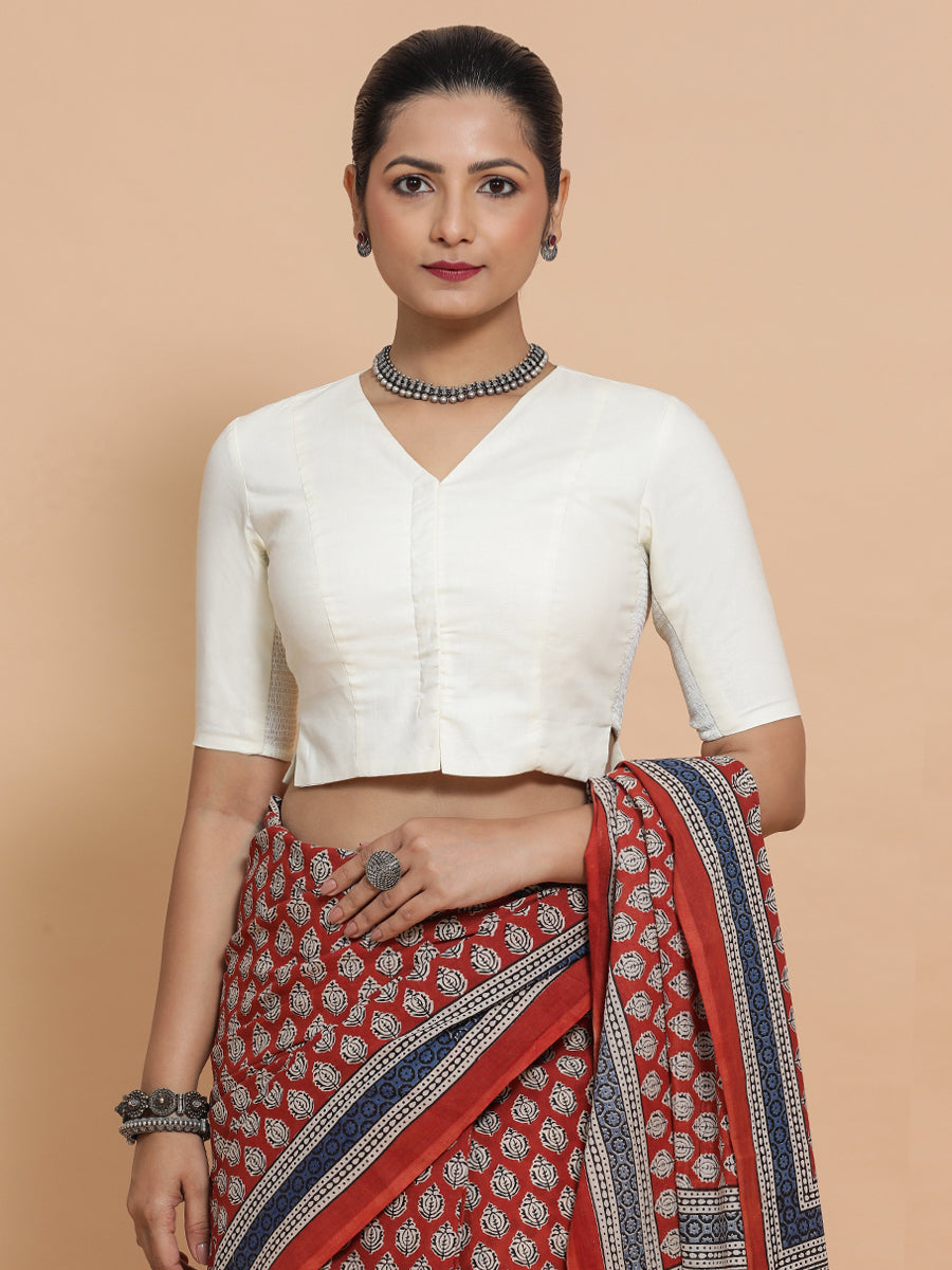 Chaya x Rozaana Saree Blouse, in White Cotton, featuring elbow sleeves and v-neckline, made for daily & work (view 5).