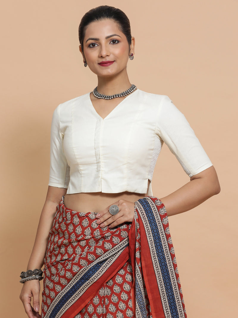 Chaya x Rozaana | V-Neck Ivory Mist Plain Cotton Saree Blouse-Binks