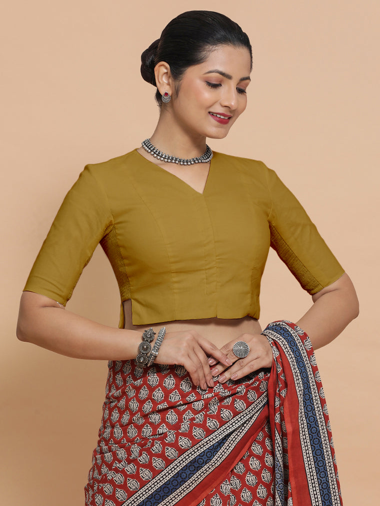 Chaya x Rozaana Saree Blouse, in Yellow Cotton, featuring elbow sleeves and v-neckline, made for daily & work.