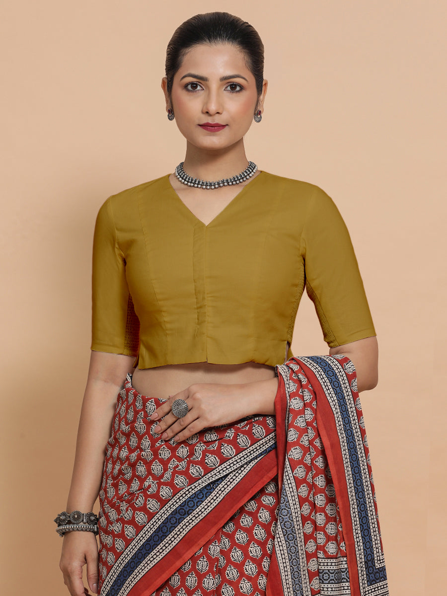 Chaya x Rozaana Saree Blouse, in Yellow Cotton, featuring elbow sleeves and v-neckline, made for daily & work (view 5).