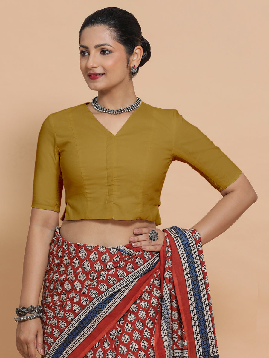 Chaya x Rozaana Saree Blouse, in Yellow Cotton, featuring elbow sleeves and v-neckline, made for daily & work (view 6).
