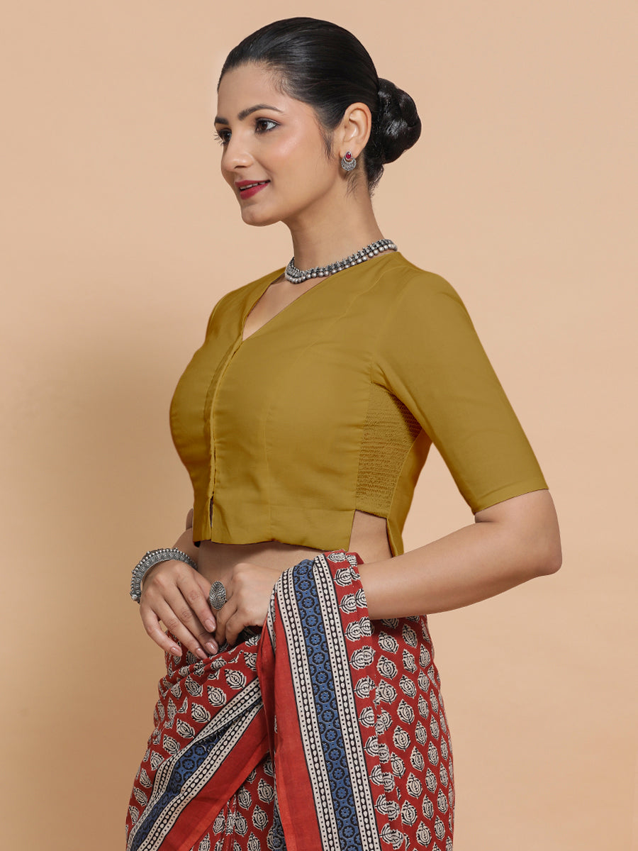 Chaya x Rozaana Saree Blouse, in Yellow Cotton, featuring elbow sleeves and v-neckline, made for daily & work (view 8).