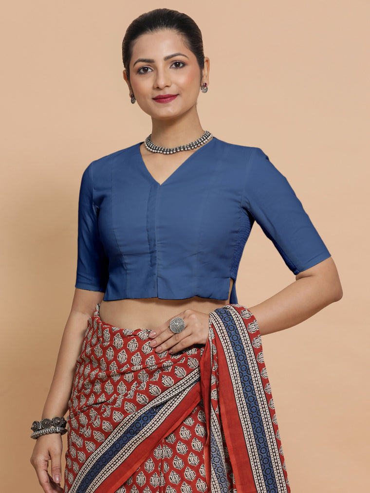 Chaya x Rozaana Saree Blouse, in Blue 100% Cotton - Solid, featuring elbow sleeves and v-neckline, made for daily & work.
