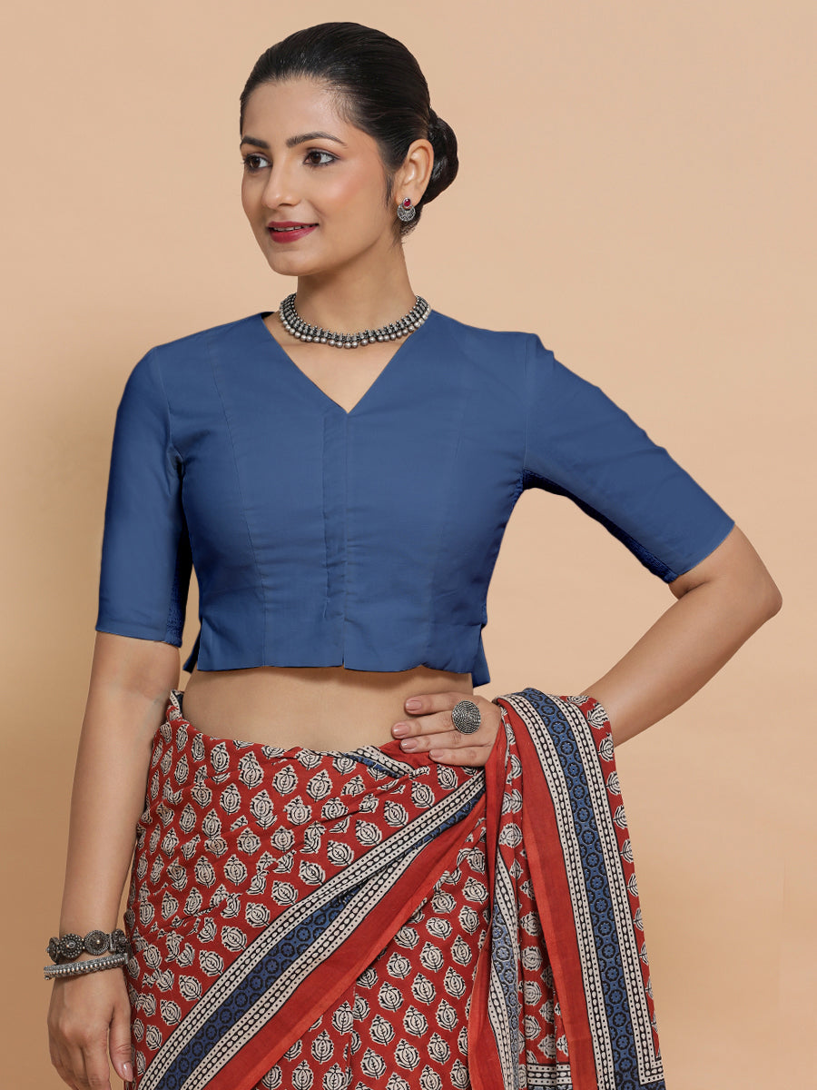 Chaya x Rozaana Saree Blouse, in Blue 100% Cotton - Solid, featuring elbow sleeves and v-neckline, made for daily & work.