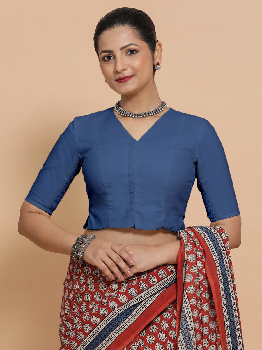 Chaya x Rozaana Saree Blouse, in Blue 100% Cotton - Solid, featuring elbow sleeves and v-neckline, made for daily & work.