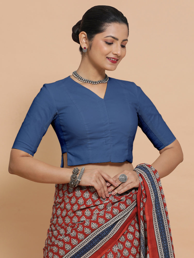 Chaya x Rozaana | Elbow Sleeves Saree Blouse in Lapis Blue Plain Cotton-Binks