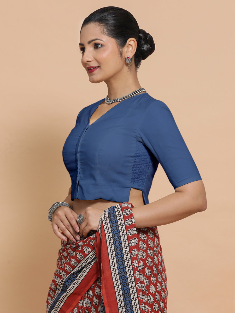 Chaya x Rozaana Saree Blouse, in Blue 100% Cotton - Solid, featuring elbow sleeves and v-neckline, made for daily & work.