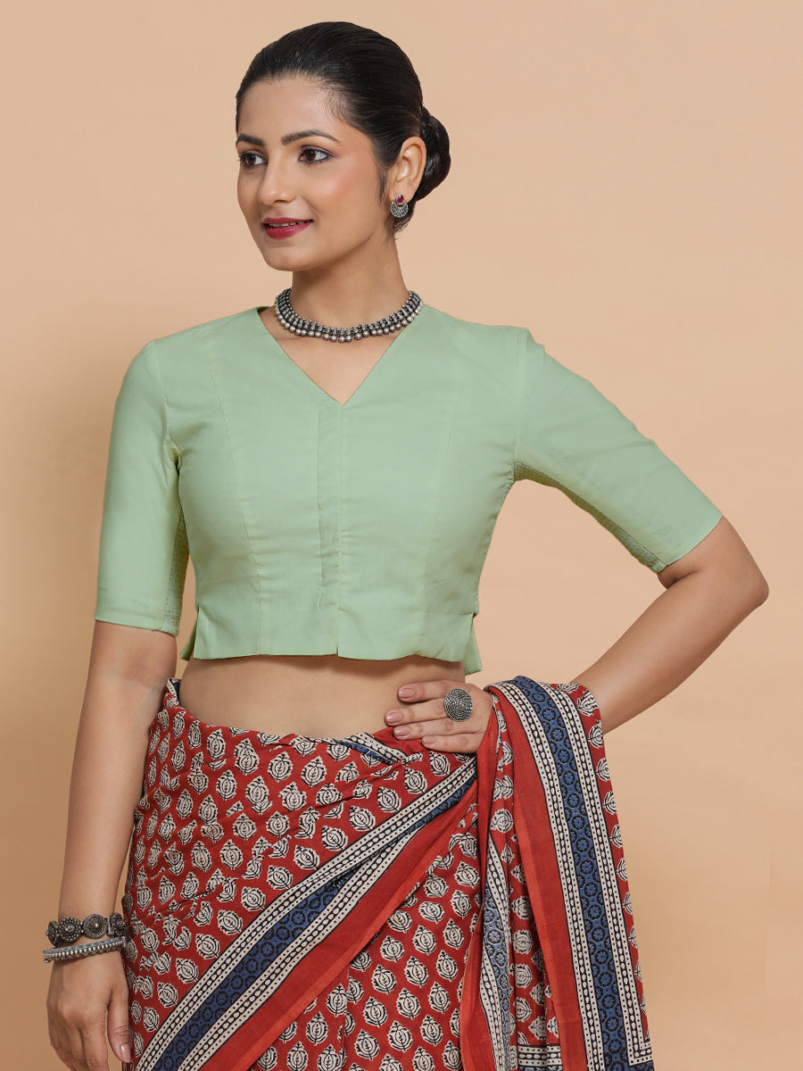 Chaya x Rozaana Saree Blouse, in Green Cotton, featuring elbow sleeves and v-neckline, made for daily & work.