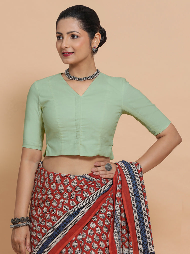 Chaya x Rozaana Saree Blouse, in Green Cotton, featuring elbow sleeves and v-neckline, made for daily & work.