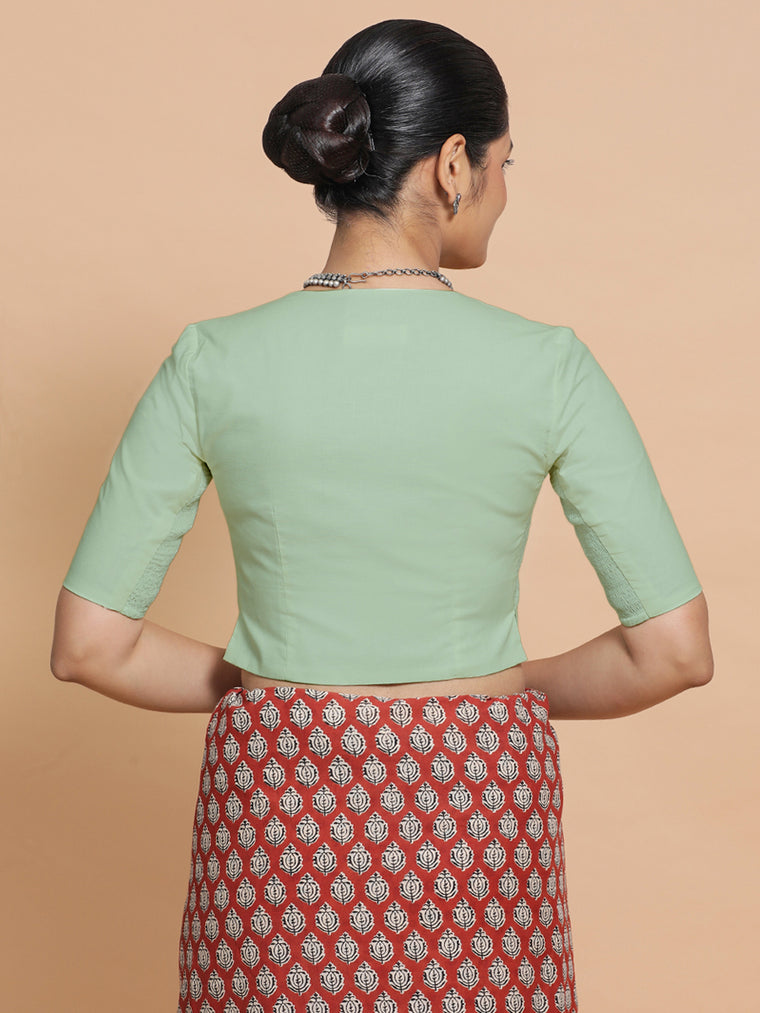 Chaya x Rozaana Saree Blouse, in Green Cotton, featuring elbow sleeves and v-neckline, made for daily & work (view 2).