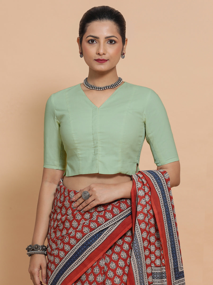 Chaya x Rozaana Saree Blouse, in Green Cotton, featuring elbow sleeves and v-neckline, made for daily & work (view 5).