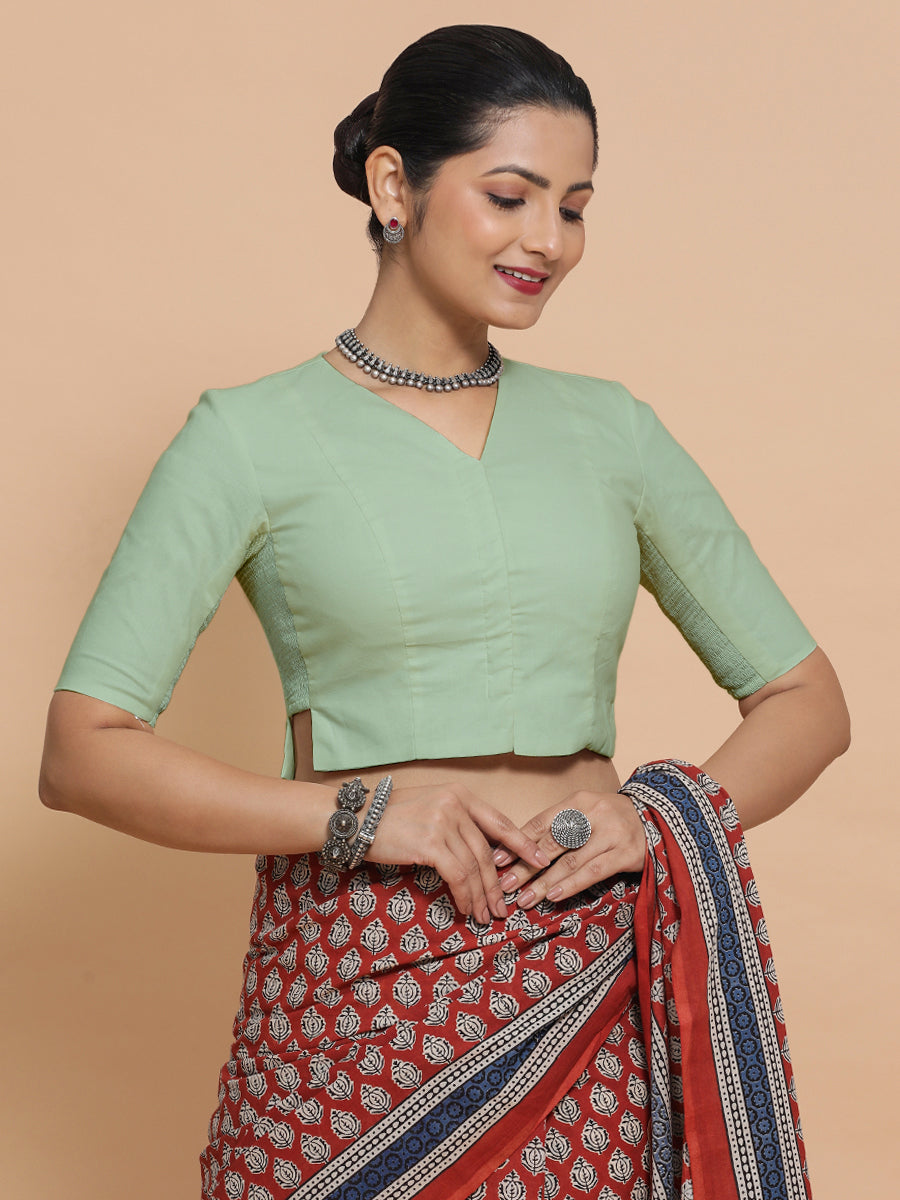 Chaya x Rozaana Saree Blouse, in Green Cotton, featuring elbow sleeves and v-neckline, made for daily & work (view 6).