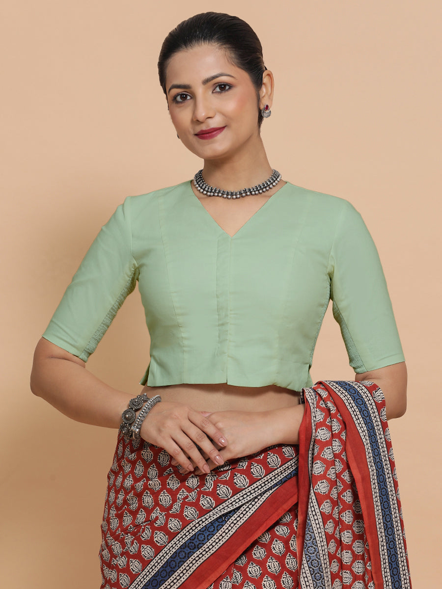 Chaya x Rozaana Saree Blouse, in Green Cotton, featuring elbow sleeves and v-neckline, made for daily & work (view 7).