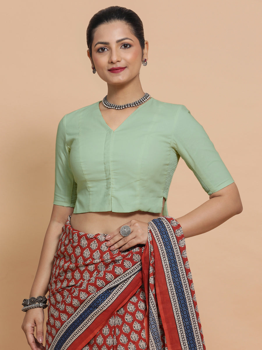Chaya x Rozaana Saree Blouse, in Green Cotton, featuring elbow sleeves and v-neckline, made for daily & work (view 8).