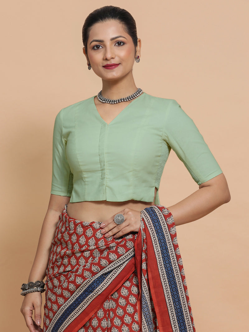 Chaya x Rozaana | V-Neck Light Sage Plain Cotton Saree Blouse-Binks