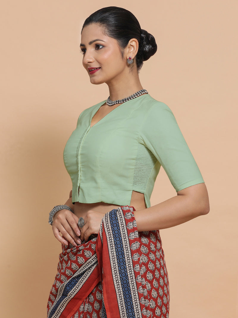 Chaya x Rozaana | V-Neck Light Sage Plain Cotton Saree Blouse-Binks