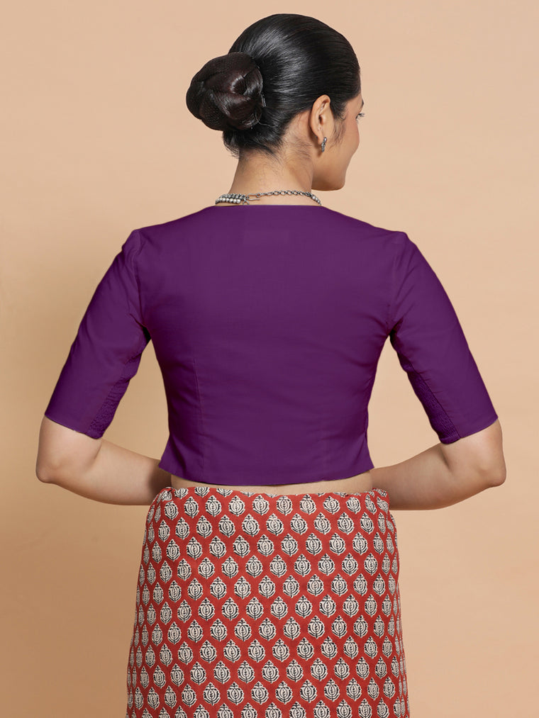 Chaya x Rozaana Saree Blouse, in Purple Cotton, featuring elbow sleeves and v-neckline, made for daily & work (view 2).