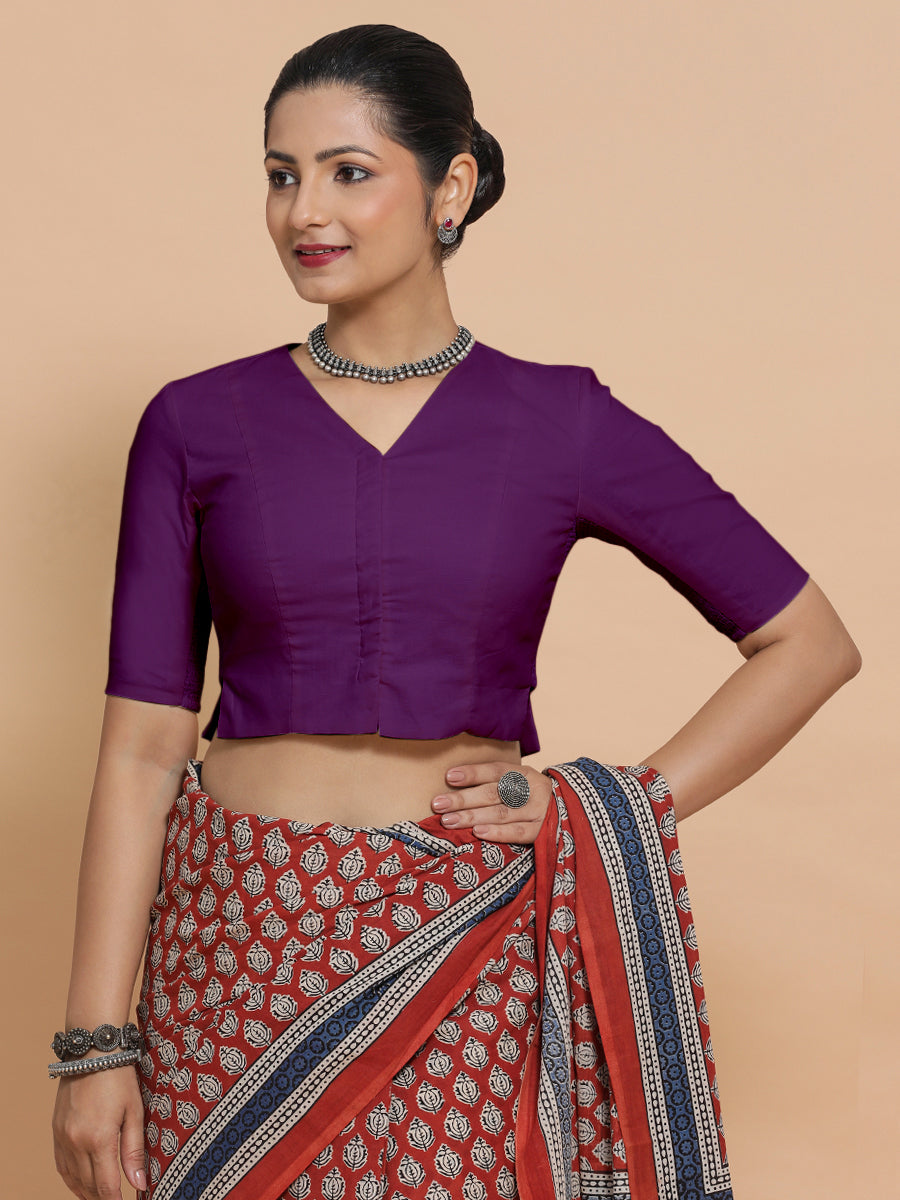 Chaya x Rozaana Saree Blouse, in Purple Cotton, featuring elbow sleeves and v-neckline, made for daily & work (view 8).