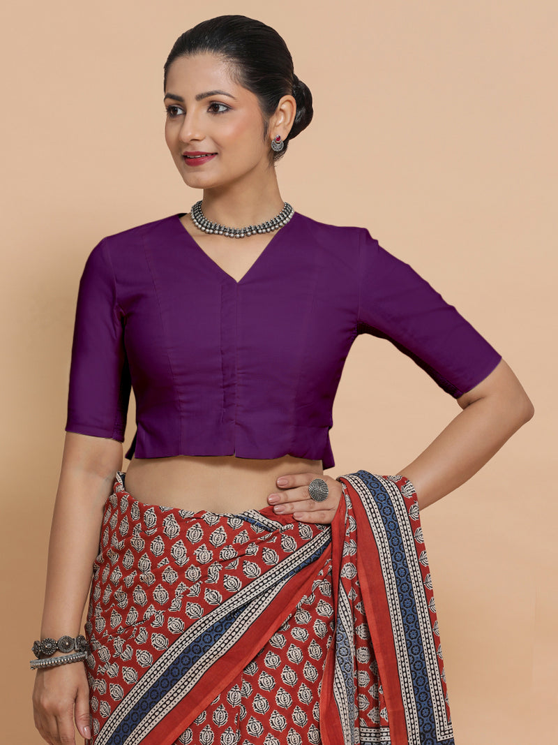 Chaya x Rozaana | V-Neck Magenta Bliss Plain Cotton Saree Blouse-Binks