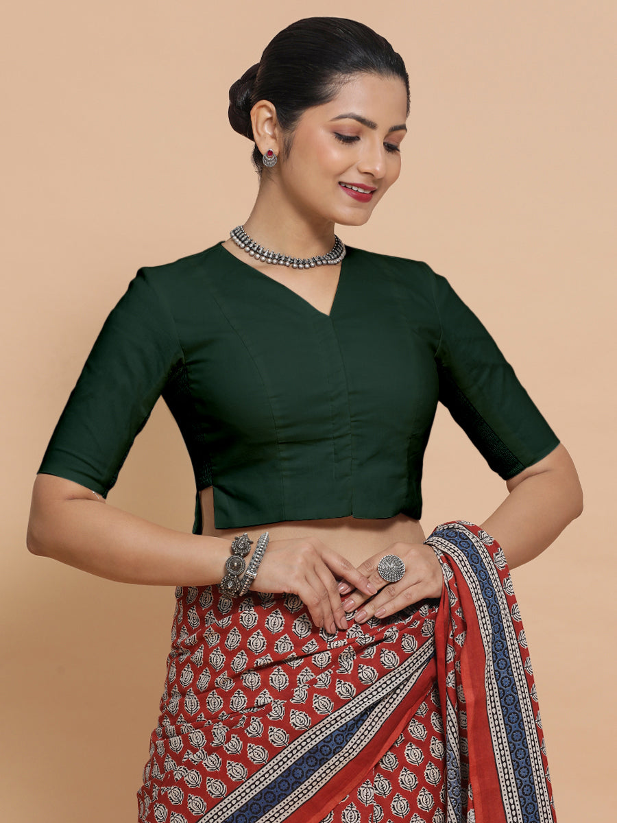 Chaya x Rozaana Saree Blouse, in Green Cotton, featuring elbow sleeves and v-neckline, made for daily & work.