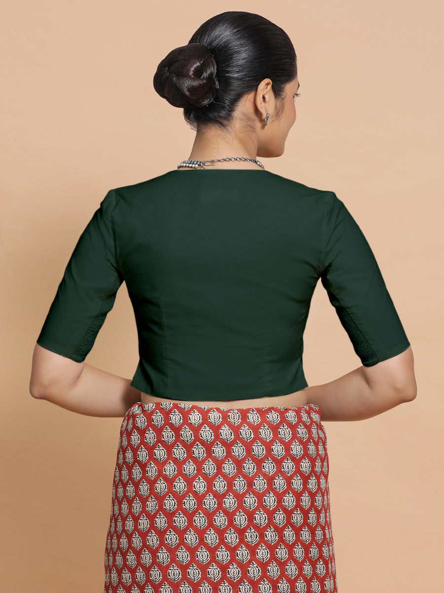 Chaya x Rozaana Saree Blouse, in Green Cotton, featuring elbow sleeves and v-neckline, made for daily & work (view 2).